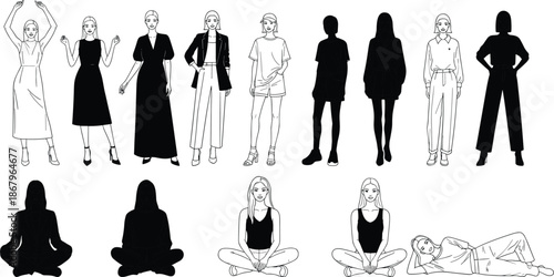 Women figure silhouette and outline collection in casual and fashion poses standing sitting and lying illustration vector set