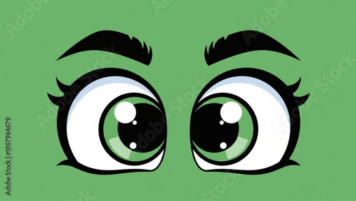 Stunning green eyes with thick eyelashes and eyebrows on green background