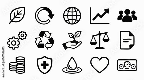 Modern black line icons set for business, finance, environment, health, and social responsibility. Essential vector symbols for web and app design.
