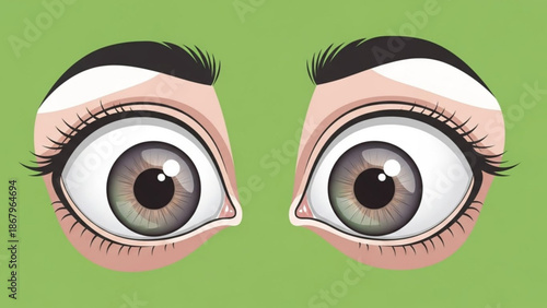 Stunning cartoon eyes with vibrant green background closeup
