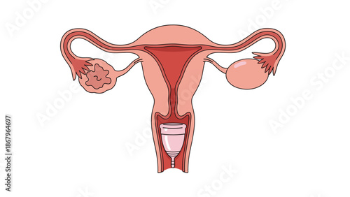 A medical diagram illustrating the female reproductive system with a menstrual cup correctly placed in the vaginal canal for period care.