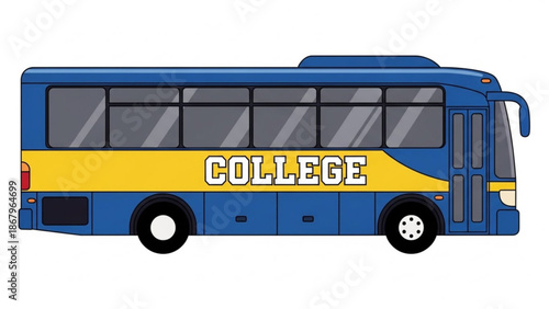 Vibrant college bus driving to campus in sunny morning light