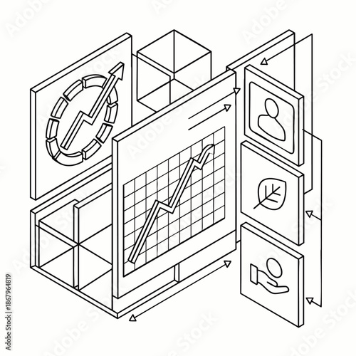 Isometric line art illustration depicting a sophisticated digital data analysis system, showcasing business growth, interconnected metrics, and strategic planning.