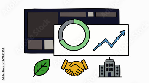 Sustainable business growth and financial analysis dashboard with icons representing partnership, corporate responsibility, and environmental awareness.