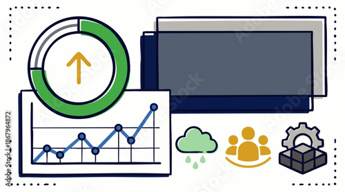 Business growth and data analytics concept illustration. Upward trending charts, progress bar, cloud computing, team icons, and technology for strategic development.