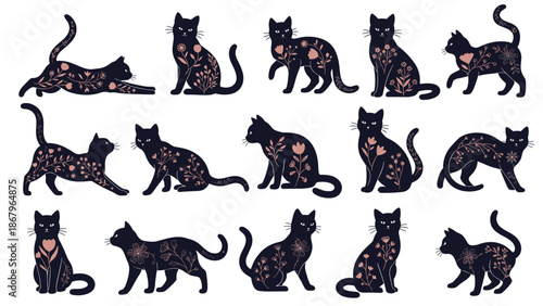 A beautiful collection of black cats in various poses, each decorated with an elegant pink and beige floral folk art pattern.
