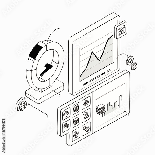 Isometric line art illustration showcasing business analytics, data management, and digital growth. Visualizing technology, progress, financial trends, and modern solutions.