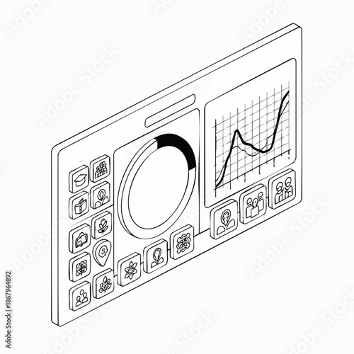 Isometric line art illustration of a modern digital dashboard displaying various data analytics, charts, and icons for business intelligence and technology concepts.