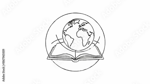 A continuous line drawing of a globe resting on an open book, symbolizing global knowledge and education.