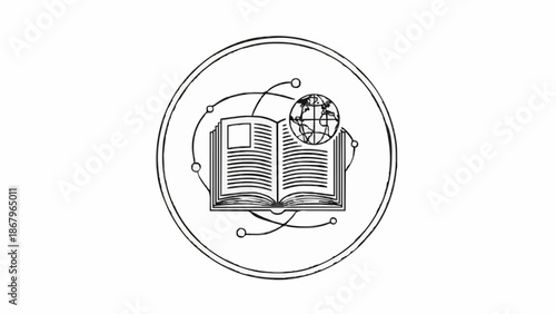 An open book with a globe and wires encircled, symbolizing global knowledge and technology
