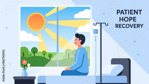 Patient sitting on hospital bed looking out window at sunny landscape with hope for recovery