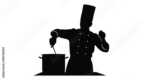 Silhouette of a professional chef wearing a tall toque hat actively stirring a large cooking pot with a ladle while focused intently on his culinary preparation task