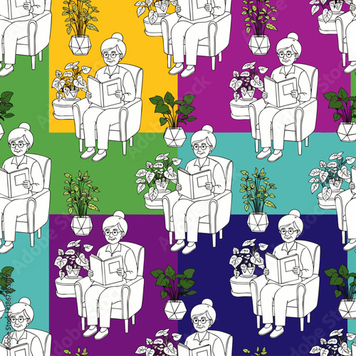 Seamless pattern of a senior woman reading a book in an armchair, surrounded by potted plants, on a vibrant, colorful, geometric background. Cozy home leisure activity.