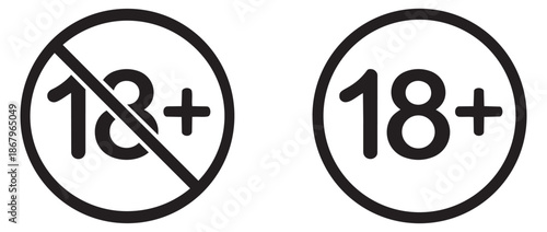Line art age restriction icon set featuring allowed and forbidden 18 plus symbols for digital content and services