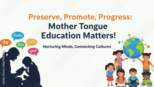 Mother tongue education concept with mother and child reading surrounded by diverse speech