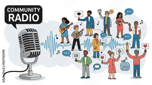 Community radio station illustration with diverse people and microphone