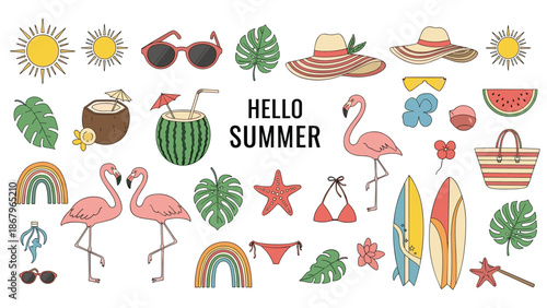 A large collection of hand-drawn summer and beach-themed doodles, including flamingos, surfboards, cocktails, and 'Hello Summer' text.