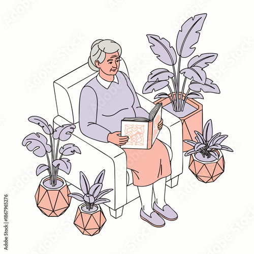 Elderly woman enjoying quiet reading time at home, surrounded by lush potted plants, embracing a peaceful retirement hobby.
