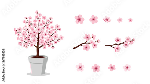 A beautiful set of cherry blossom design elements, including a blooming sakura tree in a pot, branches, and individual pink flowers.