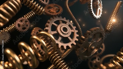 A close-up view of gears, springs, and other mechanical elements in shades of gold