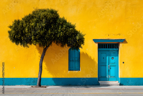 a tree is in front of a yellow building