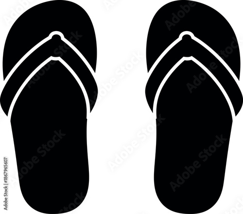 A pair of summer black flip flops with white outlines on a plain white background