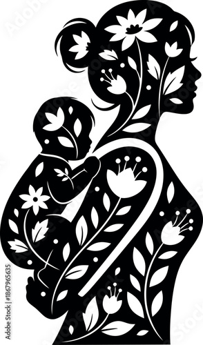 Happy Mother's Day and child silhouette with floral pattern