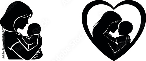 Happy Mother's Day and child silhouettes in heart shape symbolizing love and family bonding