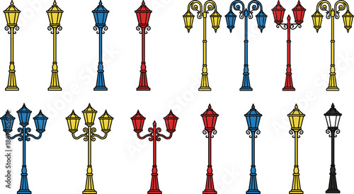 Vintage street lamp and lantern collection with colorful classic streetlights, decorative poles, urban outdoor lighting elements, isolated vector illustration set