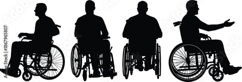 Wheelchair User Silhouette Collection Showing Men in Different Sitting and Gesturing Poses in Black Vector Style for Accessibility, Disability Awareness, and Inclusive Design