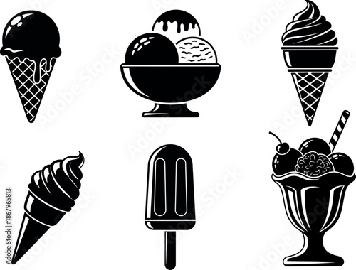 A collection of six black and white illustrations of various ice cream treats including cones sundaes and popsicles on a white background