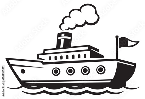 Line art illustration of a steamboat depicting sailing with smoke for transportation