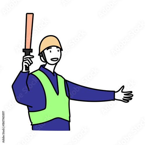 誘導灯を持ち進行方向を示す工事現場の作業員を描いたイラスト｜交通整理や安全確保のために合図を出す人物表現