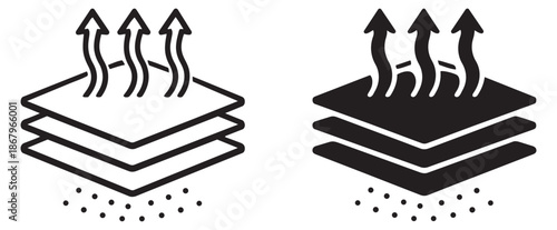 Stylized breathability icons set featuring layered fabric with airflow arrows and moisture particles for textile and product features