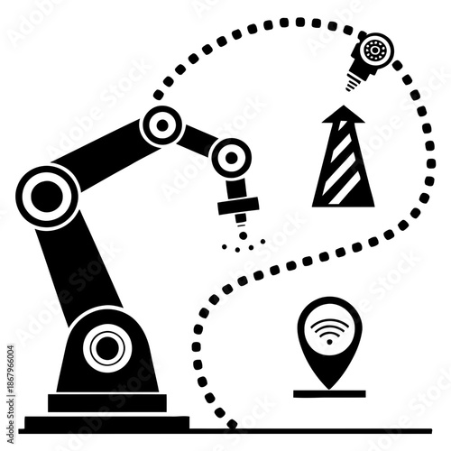 A robotic arm with a dotted path reaching a target icon and a location marker