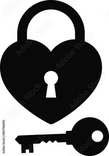 Black heart shaped padlock and key silhouette heart padlock