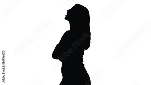 Silhouette profile of a young woman standing confidently with her arms crossed looking upwards against a stark white background symbolizing success or hope