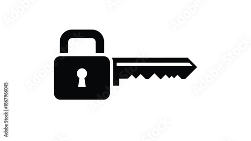 Simple black and white silhouette icon representing a padlock and a key together symbolizing security access authorization protection and crucial entrance control concepts