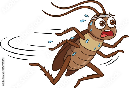 Scared cockroach cartoon character running fast with sweat, funny insect mascot vector illustration for fear, pest control, speed, and comic concepts