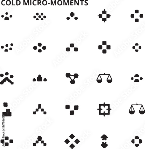 Collection of abstract minimalist black and white pixelated icons representing micro-moments and connectivity, ideal for design projects