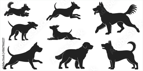 Collection of Dog Silhouettes in Various Poses and Breeds on White Background canine animal