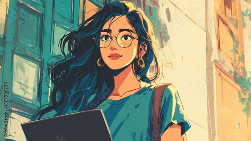 Stylish Young Woman with Laptop in Vibrant Urban Setting