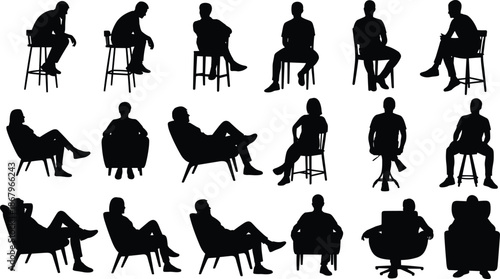 Silhouettes of seated men in various chair poses, modern human posture collection for design, psychology, presentation, and conceptual illustration