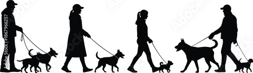 Silhouettes of people walking dogs on leash, urban pet owners activity scene, human and animal interaction concept illustration