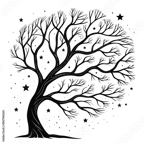 A minimalist black and white illustration of a bare tree with stars