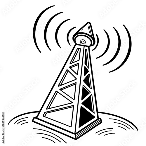 A black and white vector illustration of a radio tower broadcasting signals