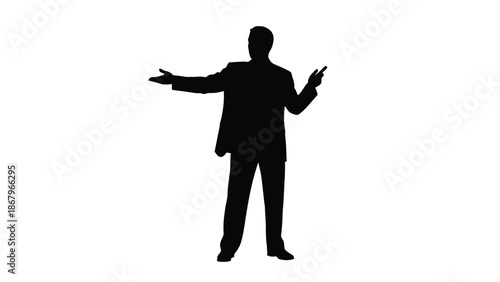 Silhouette of a businessman in a suit gesturing with both hands open to present or explain an important concept against a stark white background