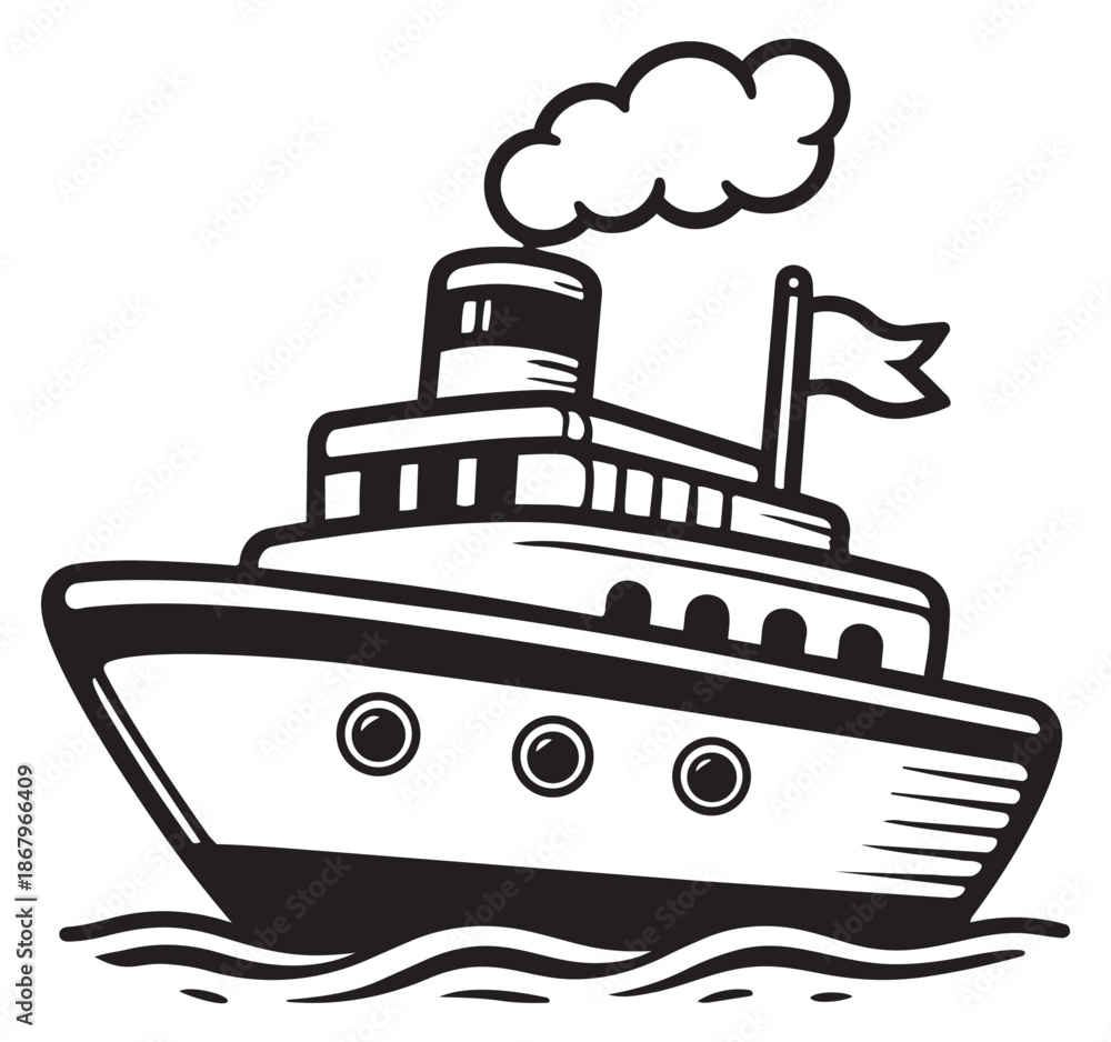 Obraz premium Hand drawn line art illustration of a steamboat depicting travel on water for nautical and adventure concepts