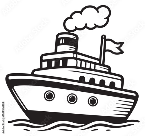 Hand drawn line art illustration of a steamboat depicting travel on water for nautical and adventure concepts