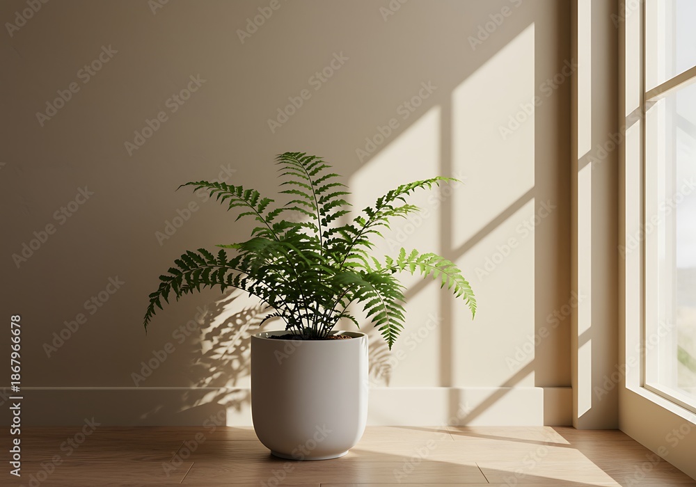 Fototapeta premium Minimal Fern Against Tan Wall — Calm Botanical Interior Decor Image for Wellness, Natural Living and Soft Neutral Modern Styling